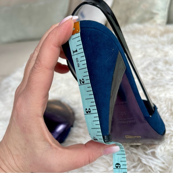 Miu Miu Navy Blue Suede Black Patent Leather Slingback Heels Sandals Size 9.5 - Picture 13 of 14